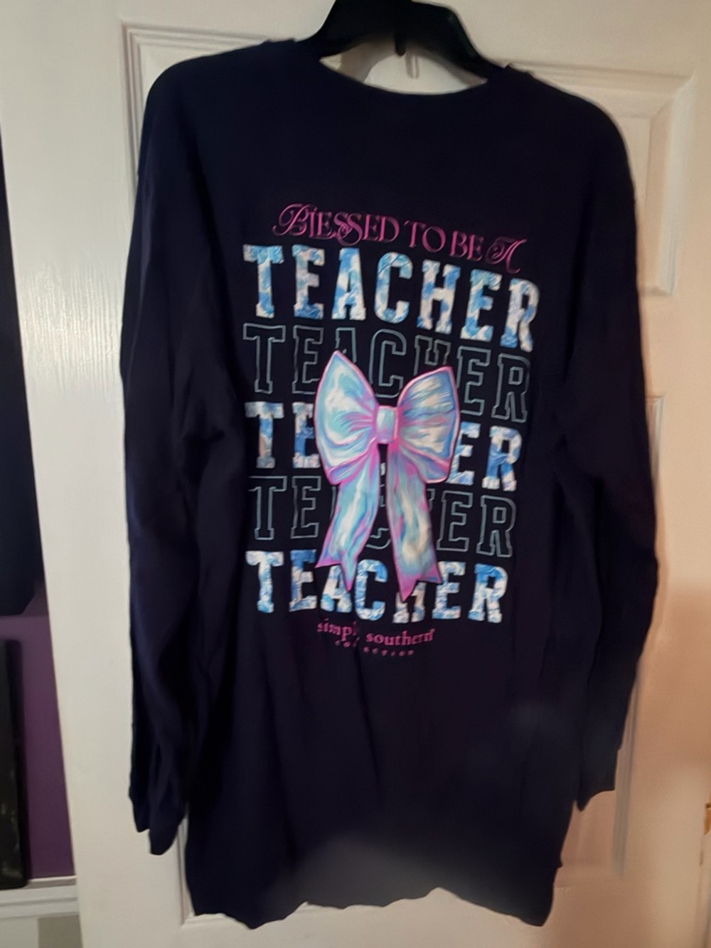 Simply Southern Navy Long Sleeve Tee with Pastel Multicolor Bow